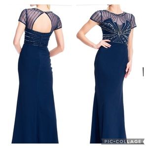 Adrianna Papell Navy Maxi Dress with Beaded Details